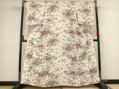 平和屋着物▽上質な小紋 単衣 型染め 風景草花文 正絹 逸品 AABB2366fy