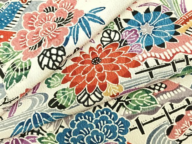平和屋着物▽上質な小紋 単衣 型染め 風景草花文 正絹 逸品 AABB2366fy