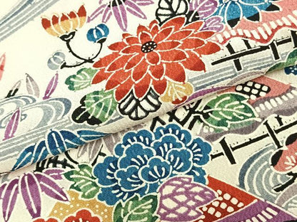 平和屋着物▽上質な小紋 単衣 型染め 風景草花文 正絹 逸品 AABB2366fy