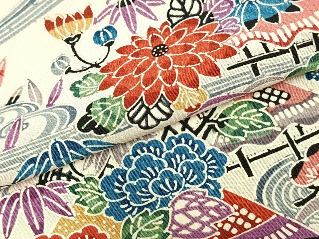 平和屋着物▽上質な小紋 単衣 型染め 風景草花文 正絹 逸品 AABB2366fy