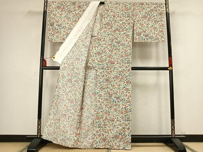 平和屋着物▽上質な紬 単衣 京友禅 花蝶文 反端付き 正絹 逸品 AABB2367fy