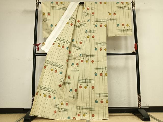 平和屋着物▽上質な紬　単衣　林檎　正絹　逸品　未使用　AABB2370fy
