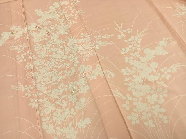 平和屋着物▽訪問着　単衣　刺繍　草花文　正絹　逸品　AABB2386fy