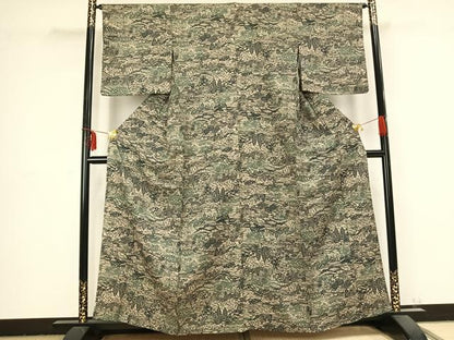 平和屋着物▽上質な小紋 単衣 藍 型染め 風景草花文 正絹 逸品 AABB2363fy