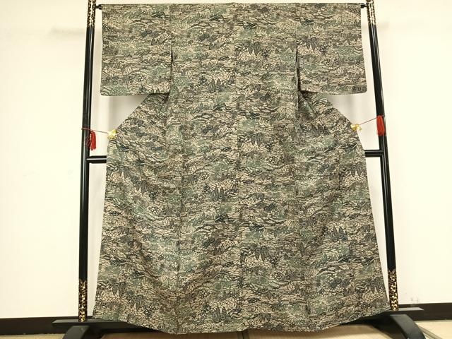 平和屋着物▽上質な小紋 単衣 藍 型染め 風景草花文 正絹 逸品 AABB2363fy