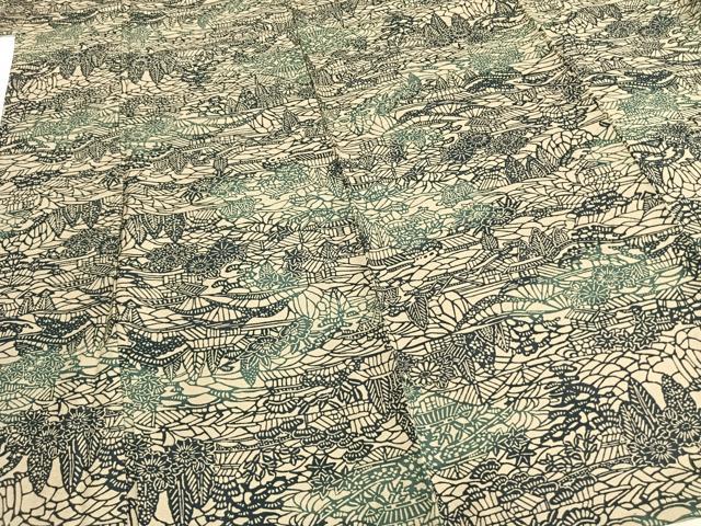 平和屋着物▽上質な小紋 単衣 藍 型染め 風景草花文 正絹 逸品 AABB2363fy