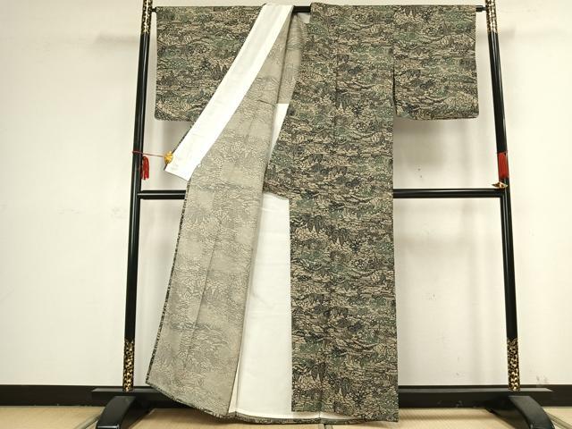 平和屋着物▽上質な小紋 単衣 藍 型染め 風景草花文 正絹 逸品 AABB2363fy