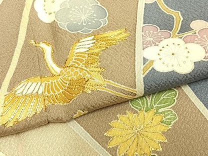 平和屋着物▽訪問着 単衣 駒刺繍 花鳥文 金彩 正絹 逸品 AABB2408fy