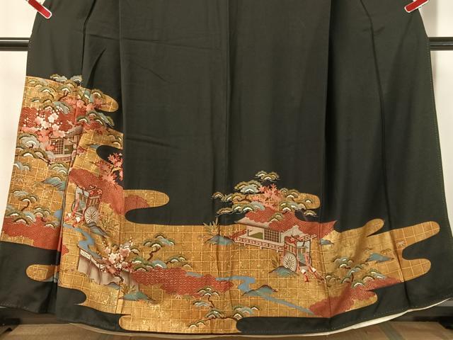 平和屋着物■豪華黒留袖 駒刺繍 松竹梅風景文 金銀彩 正絹 逸品 CAAY7189vp