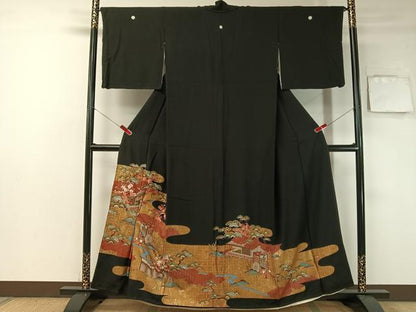 平和屋着物■豪華黒留袖 駒刺繍 松竹梅風景文 金銀彩 正絹 逸品 CAAY7189vp