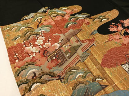 平和屋着物■豪華黒留袖 駒刺繍 松竹梅風景文 金銀彩 正絹 逸品 CAAY7189vp