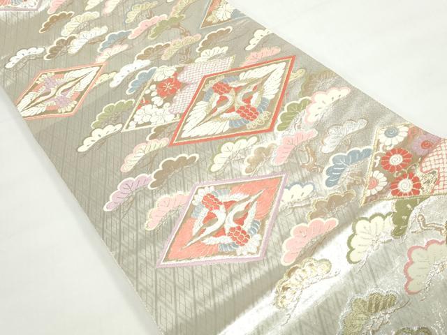平和屋着物◎六通柄袋帯　唐織　向かい鶴枝松文　金銀糸　正絹　逸品　DAAX7879qa