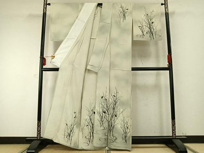 平和屋着物▽訪問着 単衣 手描き 枝葉文 暈し染め 正絹 逸品 AABC0241fy