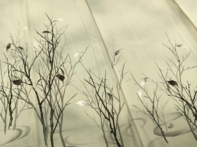 平和屋着物▽訪問着 単衣 手描き 枝葉文 暈し染め 正絹 逸品 AABC0241fy