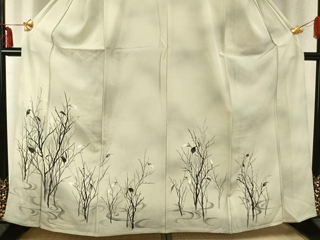 平和屋着物▽訪問着 単衣 手描き 枝葉文 暈し染め 正絹 逸品 AABC0241fy