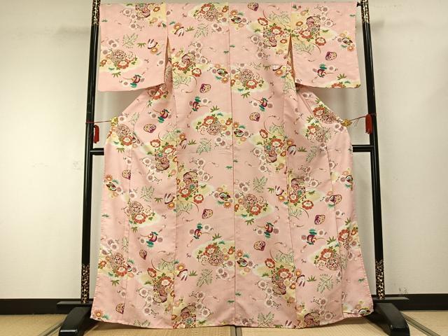 平和屋着物▽ R.KIKUCHIブランド　小紋　単衣　草花鞠文　洗える着物　AABB2432fy