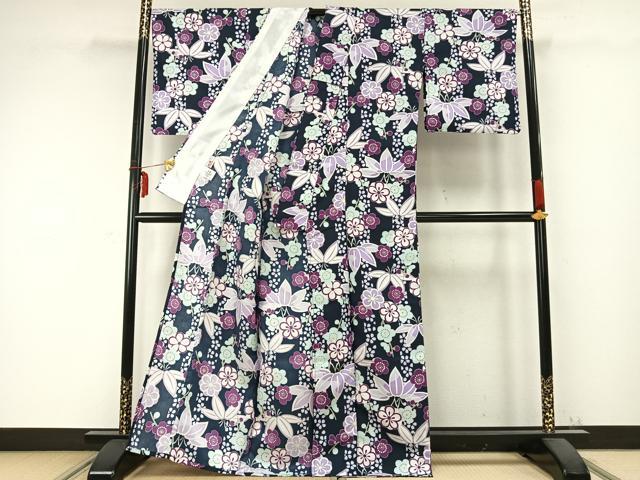 平和屋着物▽リョウコキクチ Ryoko Kikuchi 小紋 単衣 舞花文 松 洗える着物 AABC0282fy