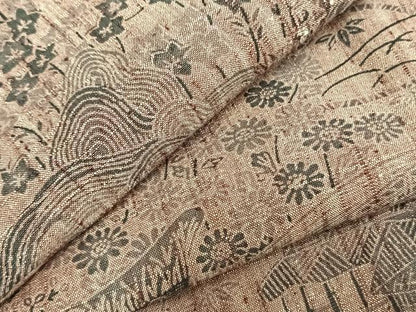 平和屋着物▽上質な紬 単衣 風景草花文 正絹 逸品 AABC0307fy