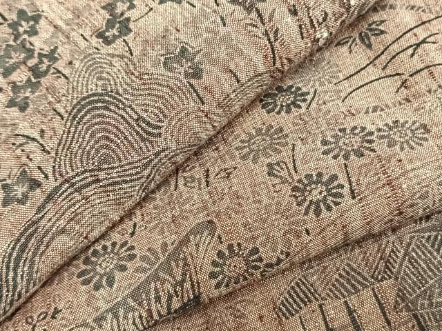 平和屋着物▽上質な紬 単衣 風景草花文 正絹 逸品 AABC0307fy