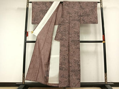平和屋着物▽上質な紬 単衣 風景草花文 正絹 逸品 AABC0307fy