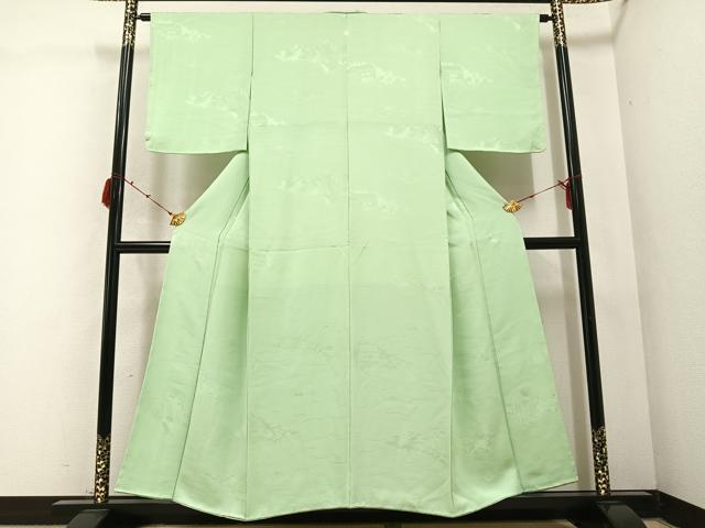 平和屋着物●上質な色無地 御所車草花地紋 裏葉柳色 正絹 逸品 未使用 AABC0662ph