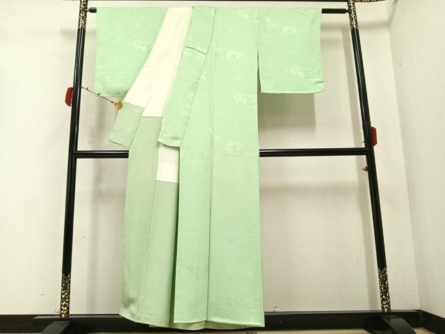 平和屋着物●上質な色無地 御所車草花地紋 裏葉柳色 正絹 逸品 未使用 AABC0662ph