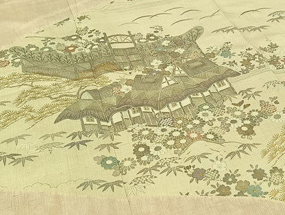 平和屋着物▽訪問着 単衣 紬地 絞り 風景松竹梅文 金彩 正絹 逸品 AABC0712jh
