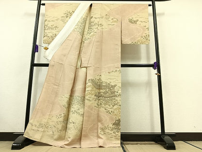 平和屋着物▽訪問着 単衣 紬地 絞り 風景松竹梅文 金彩 正絹 逸品 AABC0712jh