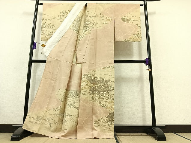 平和屋着物▽訪問着 単衣 紬地 絞り 風景松竹梅文 金彩 正絹 逸品 AABC0712jh