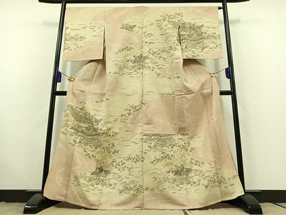 平和屋着物▽訪問着 単衣 紬地 絞り 風景松竹梅文 金彩 正絹 逸品 AABC0712jh