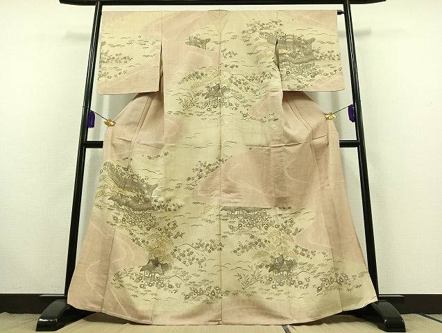 平和屋着物▽訪問着 単衣 紬地 絞り 風景松竹梅文 金彩 正絹 逸品 AABC0712jh