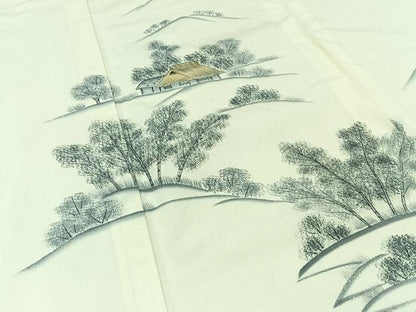 平和屋着物▽訪問着 単衣 作家物 紬地 手描き 風景文 正絹 逸品 AABC1236jh