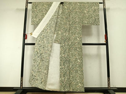 平和屋着物▽上質な小紋 単衣 型染め 草花文 鬼しぼ縮緬 正絹 逸品 未使用 AABC0333fy