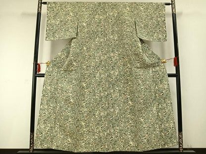 平和屋着物▽上質な小紋 単衣 型染め 草花文 鬼しぼ縮緬 正絹 逸品 未使用 AABC0333fy