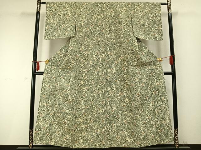平和屋着物▽上質な小紋 単衣 型染め 草花文 鬼しぼ縮緬 正絹 逸品 未使用 AABC0333fy