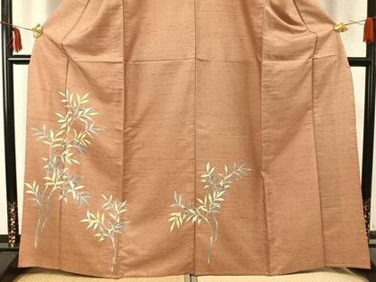 平和屋着物▽訪問着 単衣 白山 紬地 枝葉文 正絹 逸品 AABC0372fy