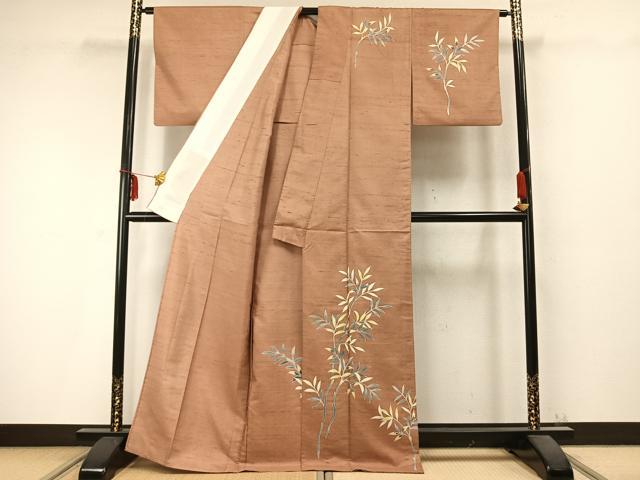 平和屋着物▽訪問着 単衣 白山 紬地 枝葉文 正絹 逸品 AABC0372fy