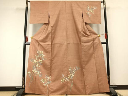 平和屋着物▽訪問着 単衣 白山 紬地 枝葉文 正絹 逸品 AABC0372fy