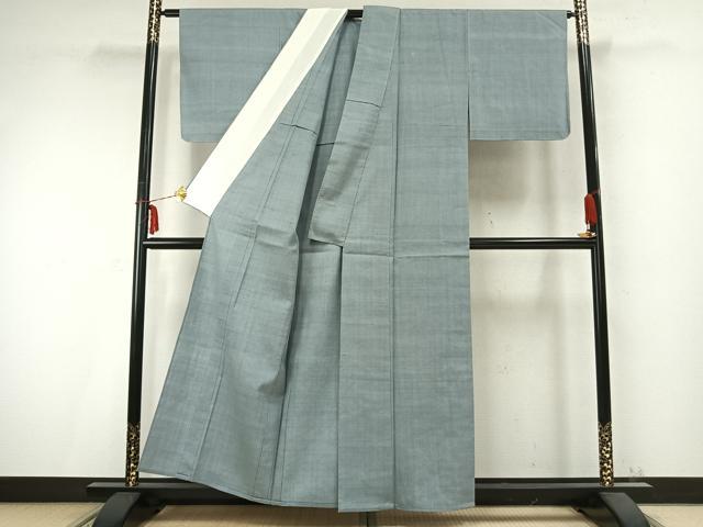 平和屋着物▽結城紬 単衣 色無地 湊鼠色 反端付き 正絹 逸品 AABC0375fy
