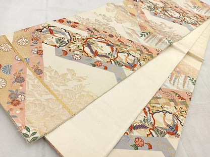 平和屋着物◎六通柄袋帯　唐織　雪輪飛鶴花文　金銀糸　正絹　逸品　BAAV4516yc