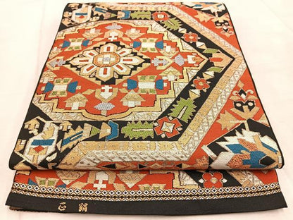 平和屋着物◎六通柄 本袋帯 唐織 幾何学文様 金銀糸 正絹 逸品 BAAV4640yc