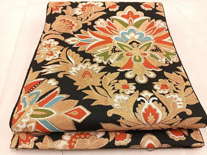 平和屋着物◎六通柄　本袋帯　唐織　宝相華　黒地　金糸　正絹　逸品　BAAV4652yc