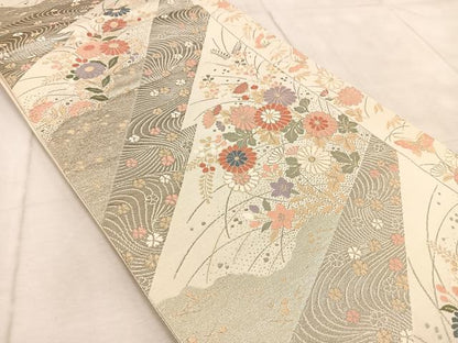 平和屋着物◎六通柄袋帯　唐織　純プラチナ箔　秋草花蝶文　正絹　逸品　BAAV4719yc
