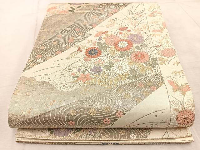 平和屋着物◎六通柄袋帯　唐織　純プラチナ箔　秋草花蝶文　正絹　逸品　BAAV4719yc