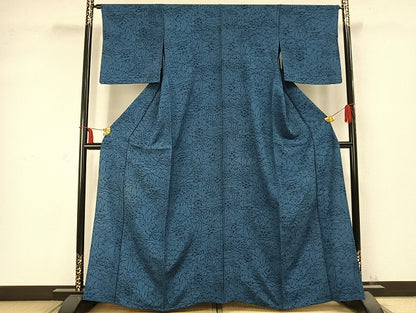 平和屋着物▽上質な小紋　単衣　型染め　藍　風景草花文　正絹　逸品　AABC0382fy