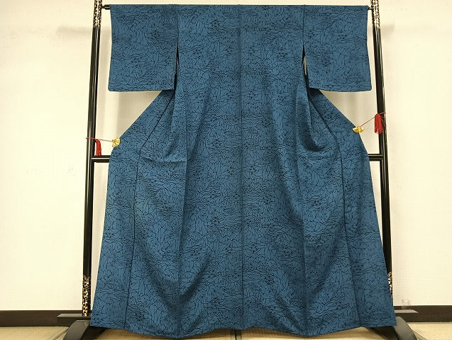平和屋着物▽上質な小紋　単衣　型染め　藍　風景草花文　正絹　逸品　AABC0382fy