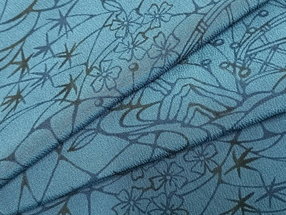 平和屋着物▽上質な小紋　単衣　型染め　藍　風景草花文　正絹　逸品　AABC0382fy