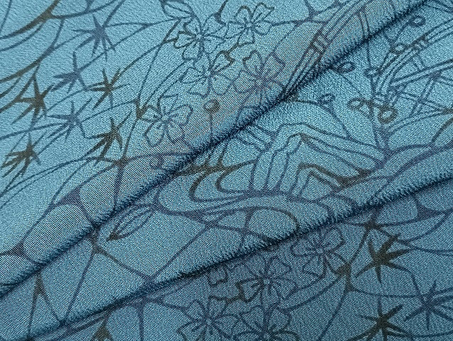 平和屋着物▽上質な小紋　単衣　型染め　藍　風景草花文　正絹　逸品　AABC0382fy