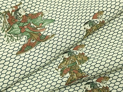 平和屋着物▽小紋 単衣 人物文 洗える着物 未使用 AABC0408fy