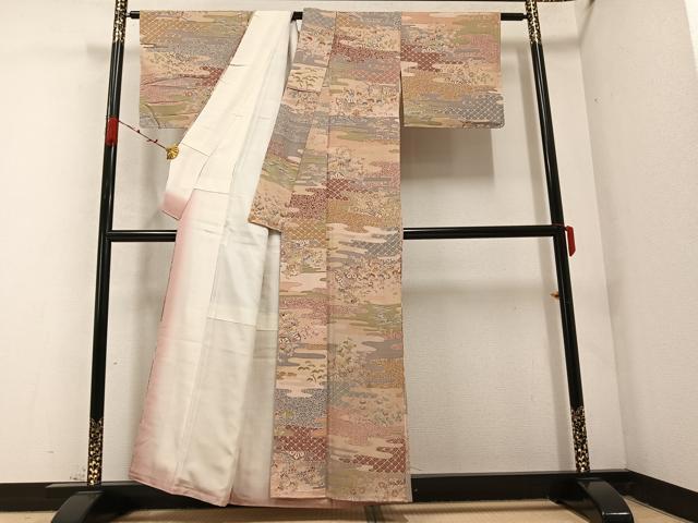 平和屋着物●上質な小紋 紬地 エ霞草花文 正絹 逸品 AABC2546ph